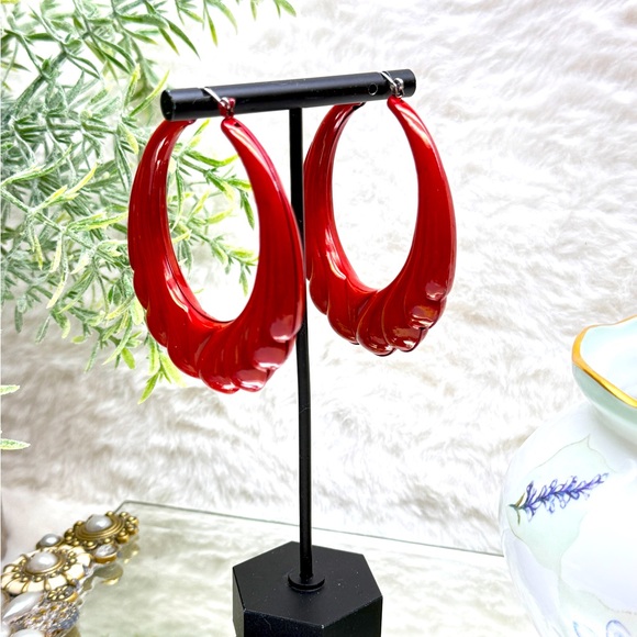 Jewelry - Vintage Enamel Red Big Hoop Earrings